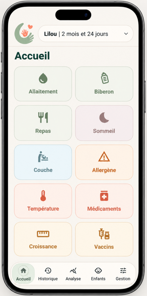 Écran d’accueil de l’application Bébé Pouce